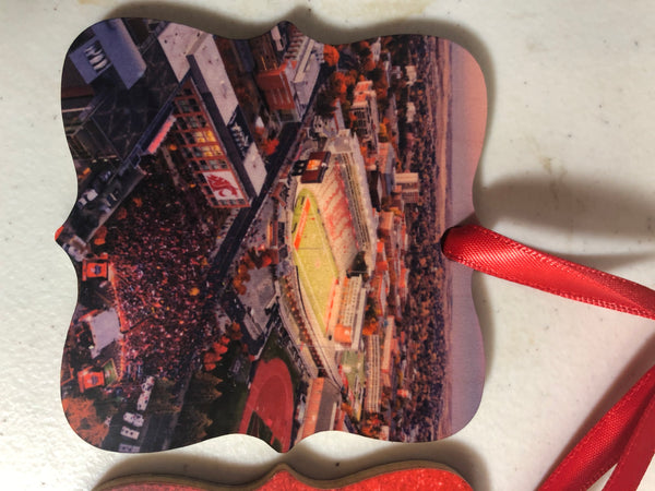 Game Day Wooden Prague shaped ornament with stadium and fans
